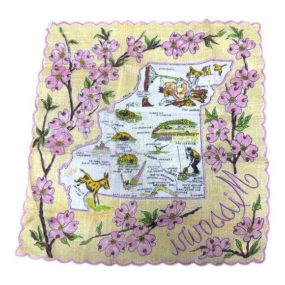 Vintage Missouri State Souvenir Handkerchief Illustrated Map Pink Dogwood Floral - Picture 5 of 6